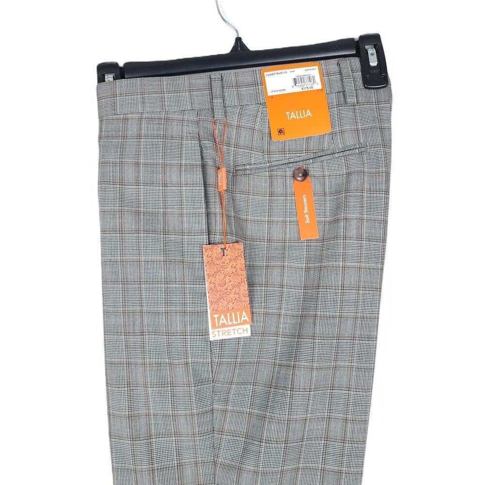 Tallia Mens Slim Fit Dress Pants 40x32 Cream Brown Plaid Stretch Wool Blend NWT